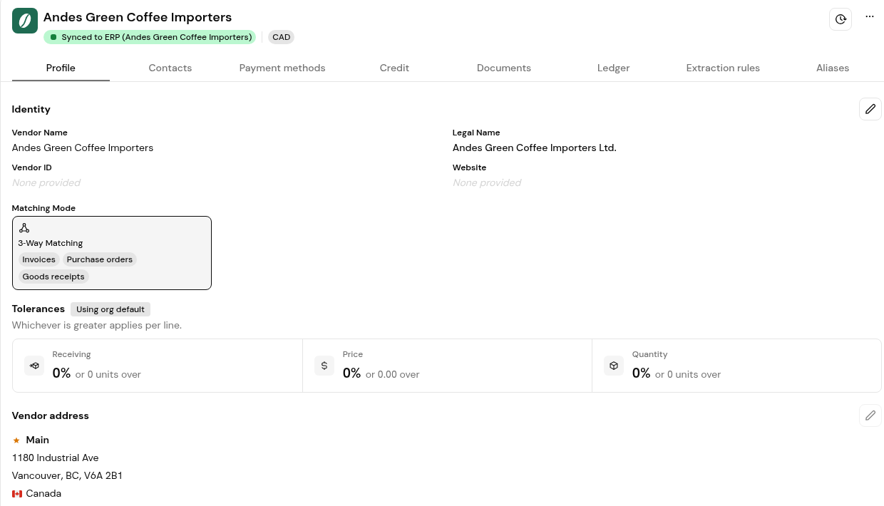 Vendor detail, Profile tab, with the tab bar, Identity, Matching Mode and Tolerances.