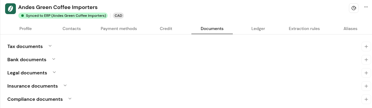 A vendor's Documents tab with the Tax, Bank, Legal, Insurance and Compliance documents sections.