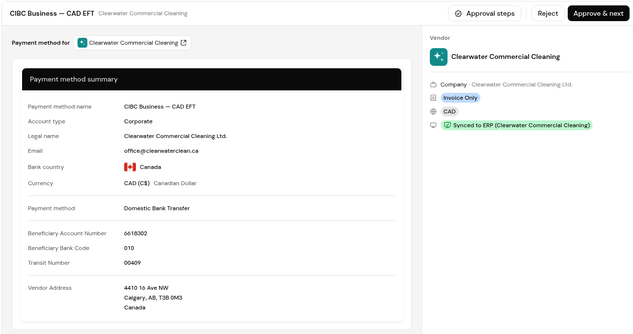 A payment method approval in My tasks: Payment method summary, the vendor panel, and Approval steps, Reject and Approve & next.