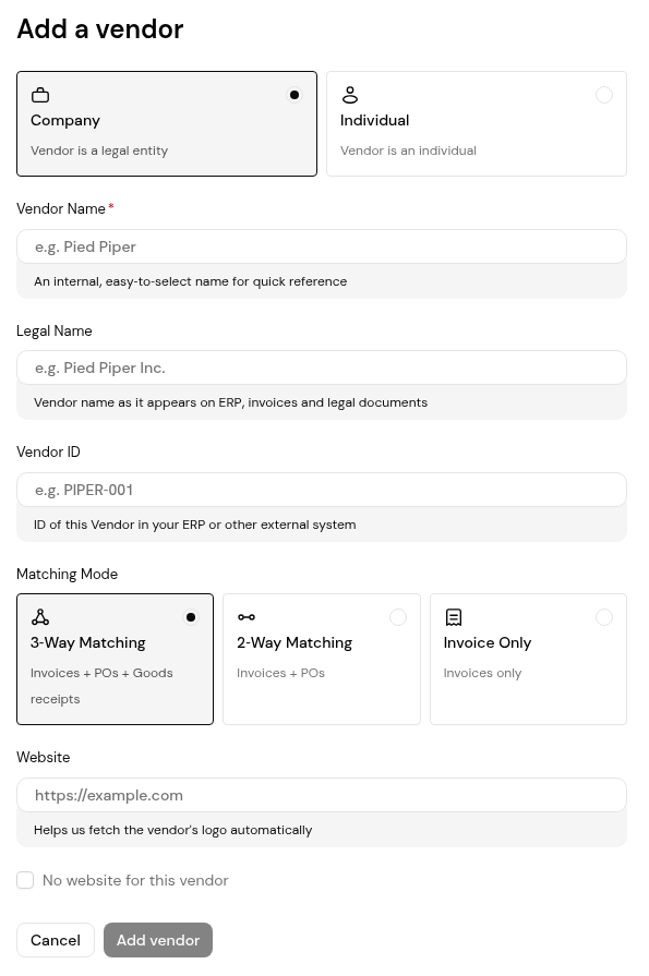 The Add a vendor page with Company or Individual, Vendor Name, Legal Name, Vendor ID, Matching Mode and Website.