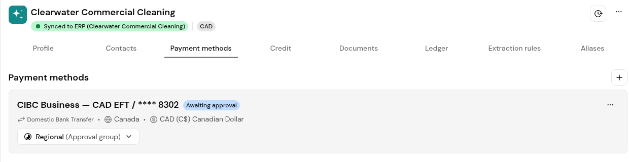 A vendor's Payment methods tab with a new bank payment method Awaiting approval and its approval group.