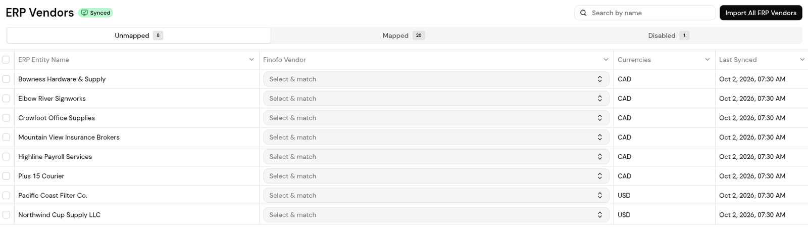 Settings > Integrations > ERP Vendors, Unmapped tab, with Select & match per row and Import All ERP Vendors.