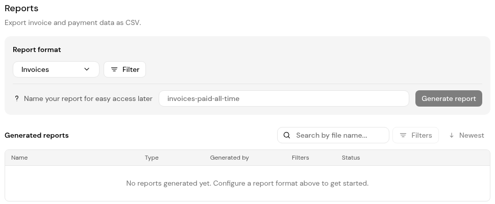 Settings > Reports with Report format, Filter, the report name field, Generate report and the Generated reports table.