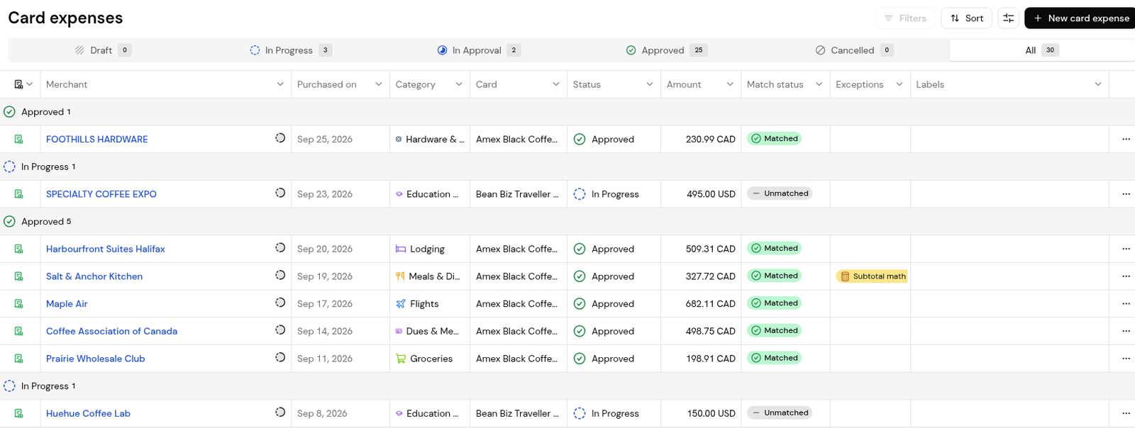 Card expenses, All tab, with the Match status column showing Matched and Unmatched.