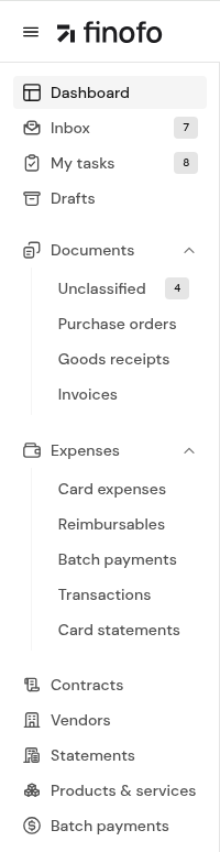 The left menu with Dashboard, Inbox, My tasks and Drafts at the top, the Documents and Expenses groups, the reference areas and Batch payments.