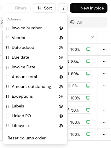 The Columns list opened from the sliders icon, with eye toggles and Reset column order.