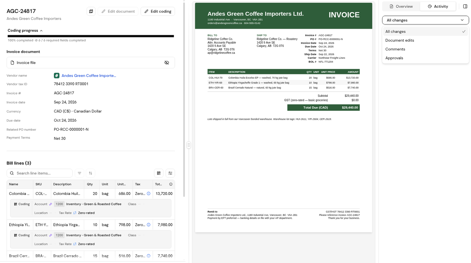 An invoice with the Activity tab open and the All changes filter list showing All changes, Document edits, Comments and Approvals.