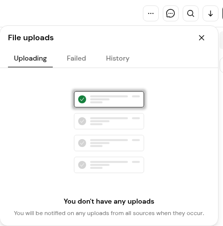 The File uploads panel with the Uploading, Failed and History tabs, here with no uploads in progress.