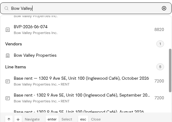 Results for Bow Valley scrolled down: the end of the Invoices group, then the Vendors and Line Items groups, each with its count.