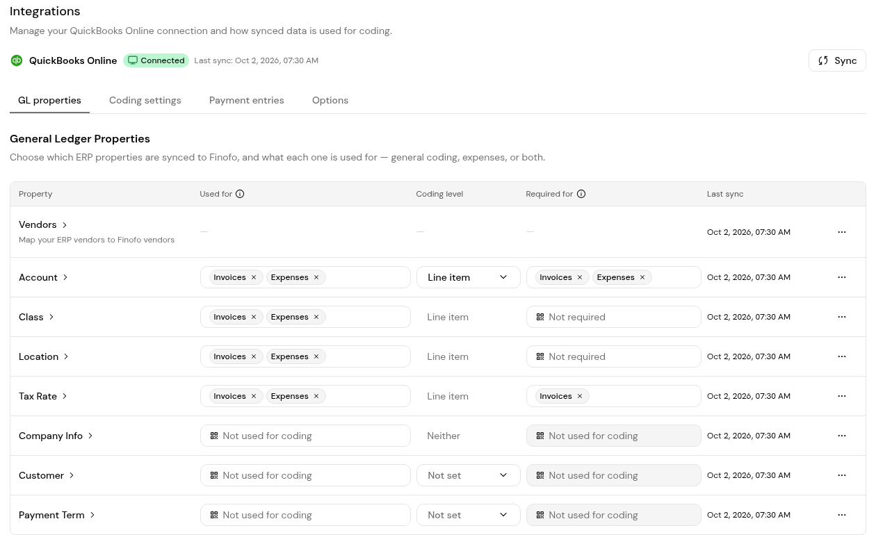 Settings > Integrations, GL properties: each property with Used for, Coding level, Required for and Last sync.