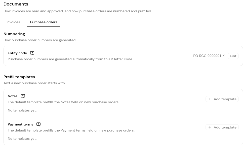 Settings > Documents, Purchase orders tab: Entity code numbering and the Notes and Payment terms prefill templates.