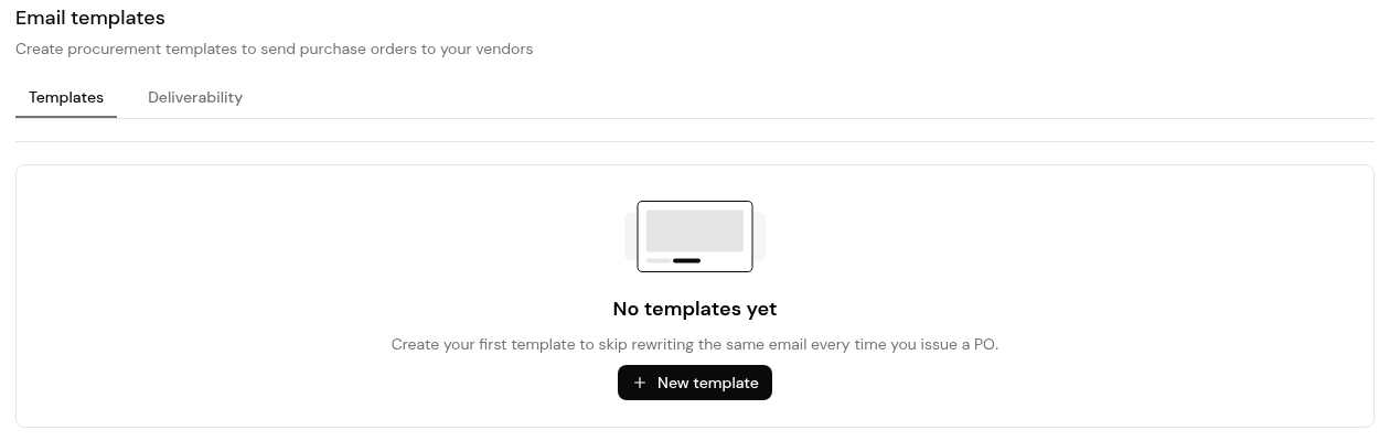 Settings > Emails, Templates tab with + New template.