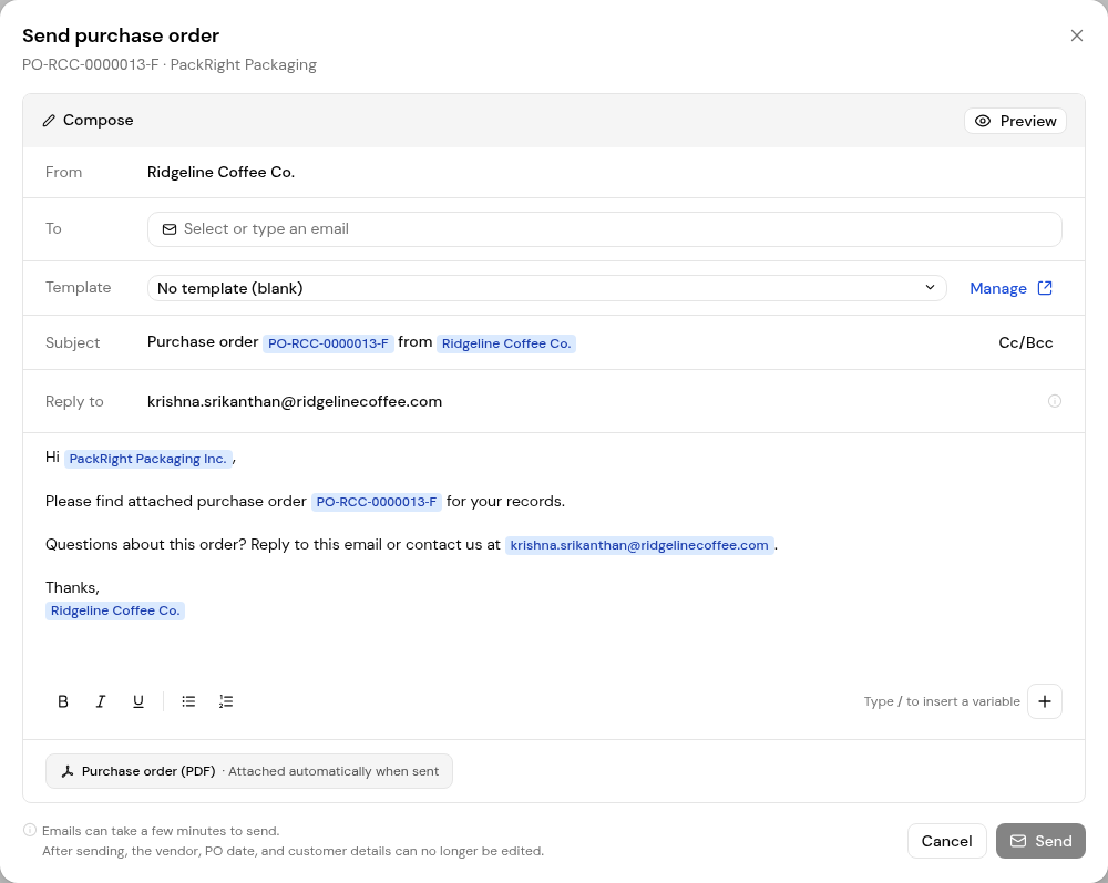 The Send purchase order dialog with From, To, Template and Manage, Subject and the message body.