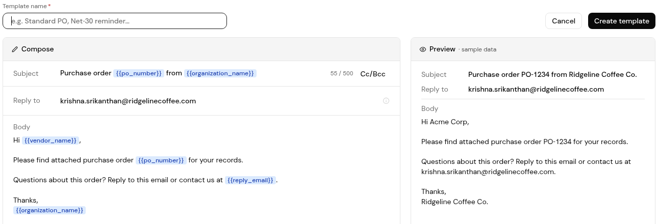 The New email template page with Template name, Subject, Reply to, Body and the Preview panel.