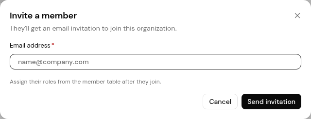 The Invite a member dialog with the Email address field.
