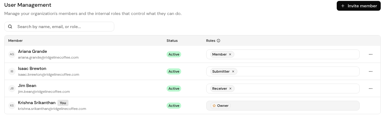 Settings > User Management listing each member with Status and Roles, and Invite member.