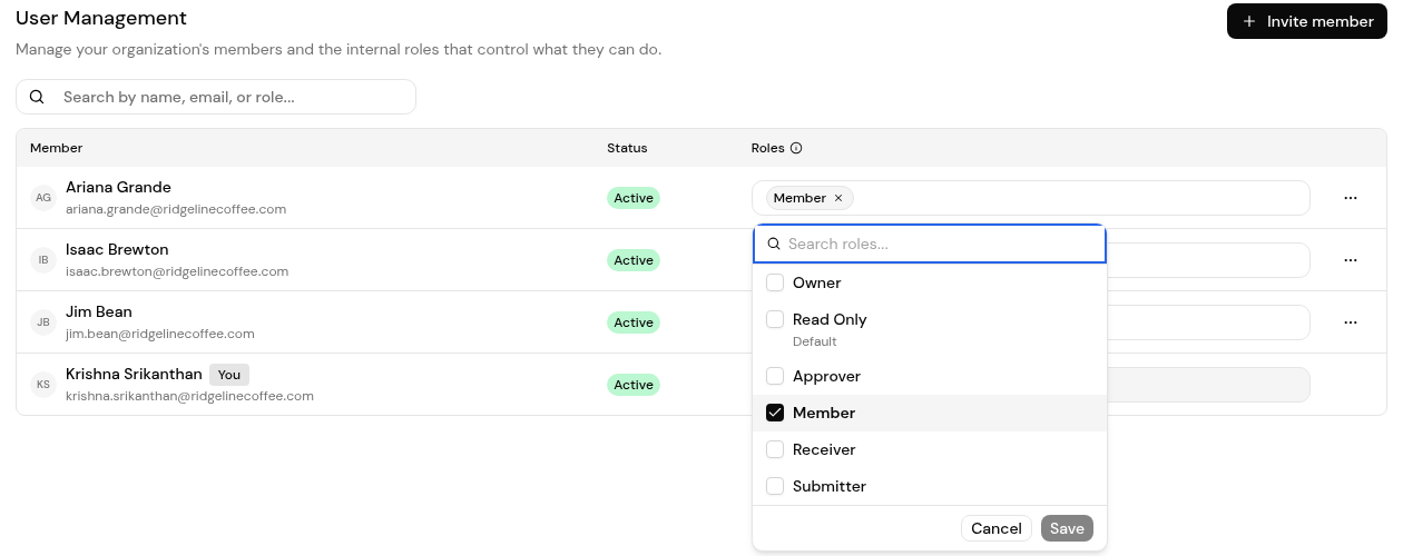 The roles checklist on a member row: Owner, Read Only (Default), Approver, Member, Receiver and Submitter.