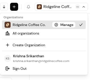 The organization menu with Manage, All organizations, Create Organization and Sign Out.