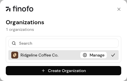 The Organizations dialog with search, the organization list and + Create Organization.