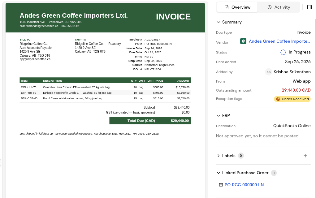 An invoice with the Overview panel: Summary, ERP and the Labels section with its + button.