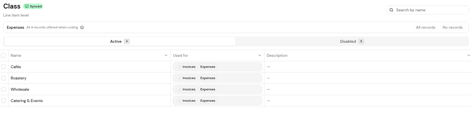 The Class records page: the Synced chip, Line item level, the Active and Disabled tabs and the four classes with Used for and Description.