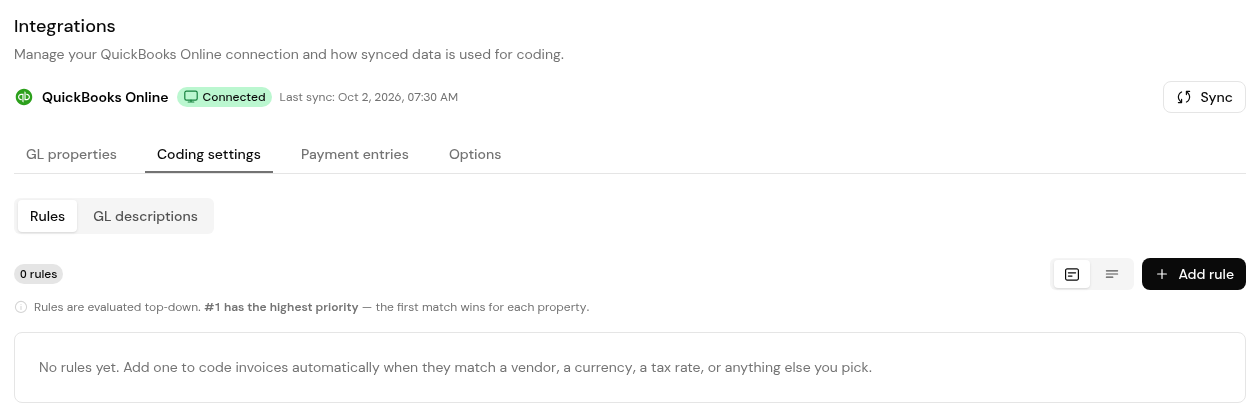 Coding settings with the Rules and GL descriptions tabs and Add rule.