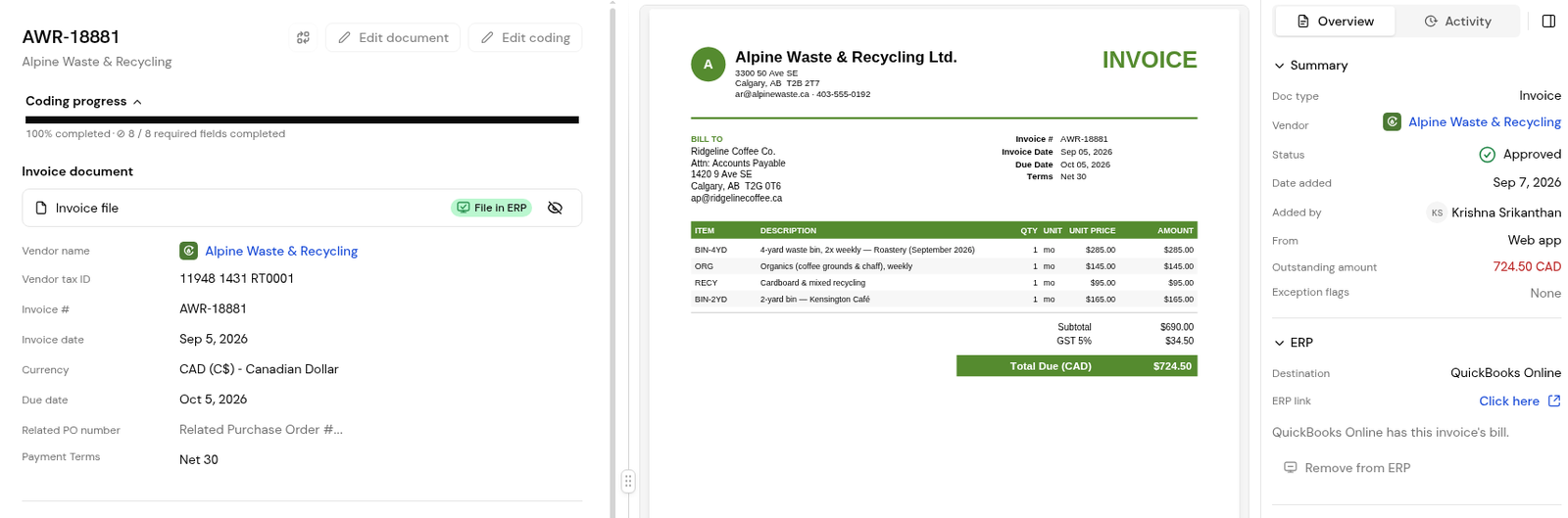 A posted invoice: the ERP section shows Destination QuickBooks Online, the ERP link and Remove from ERP.