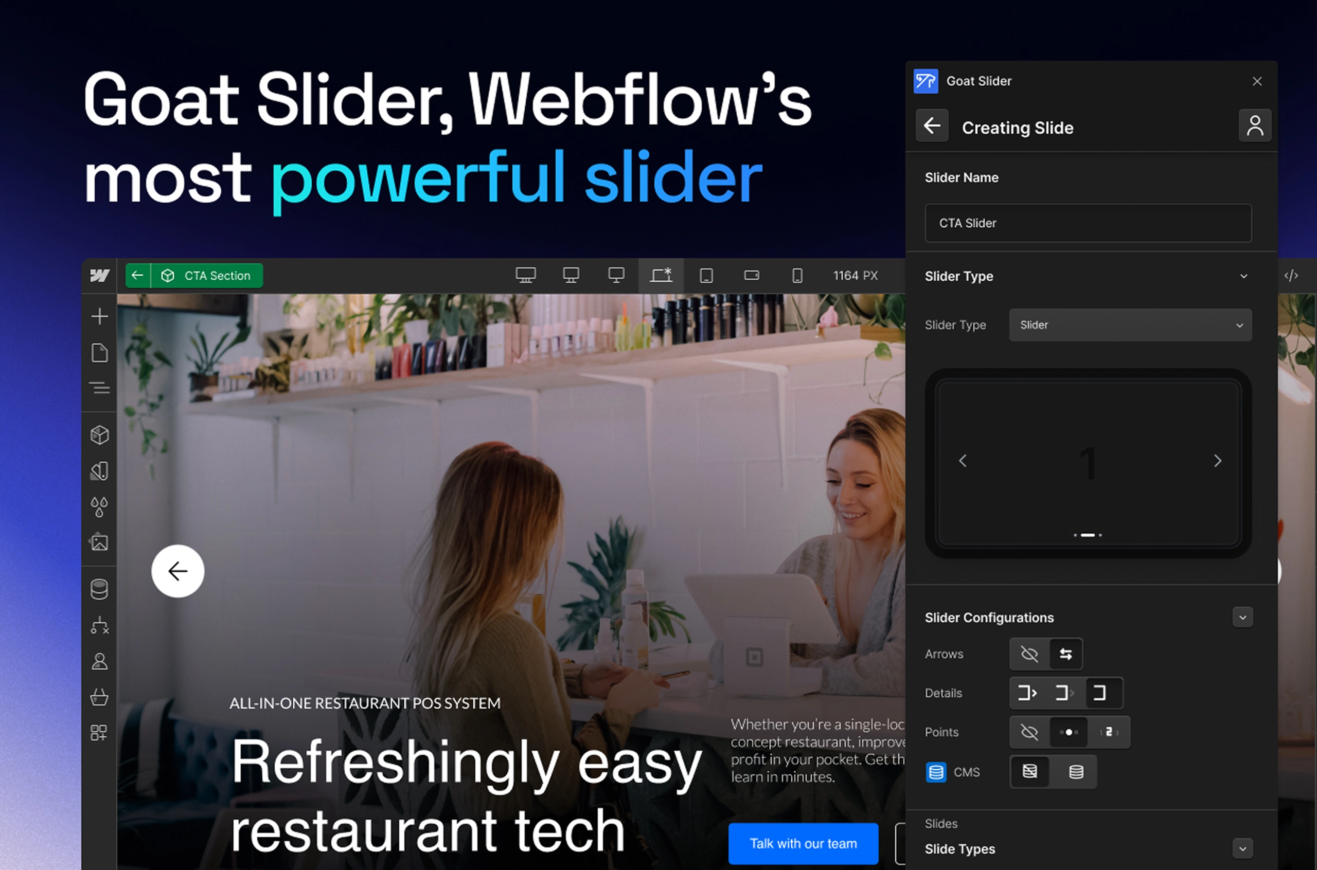 Goat slider Webflow app for enhancing Webflow sliders