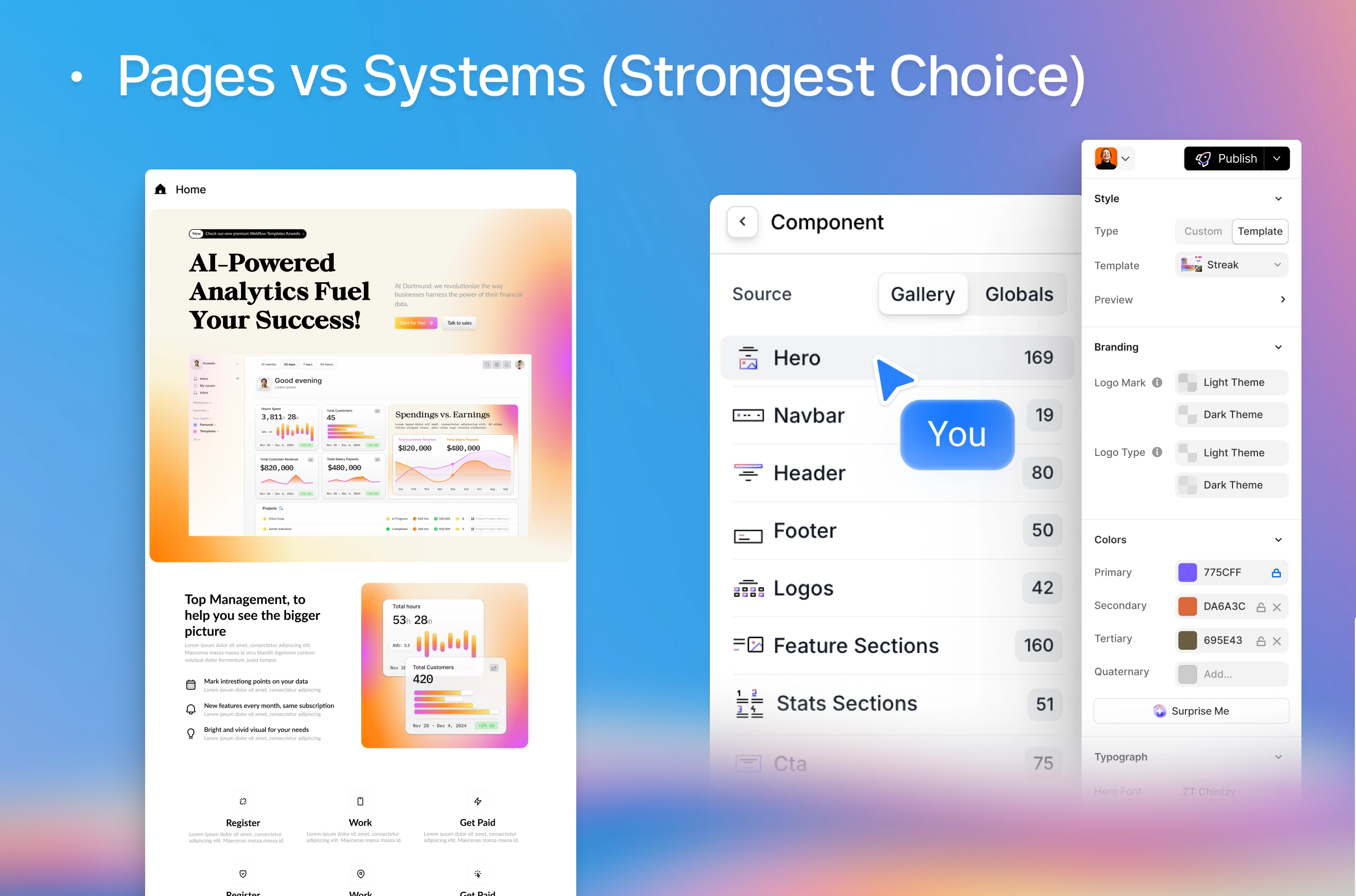 Visual comparison showing page-based website design versus system-based components in Modulify, highlighting reusable sections like hero, navbar, and footer.
