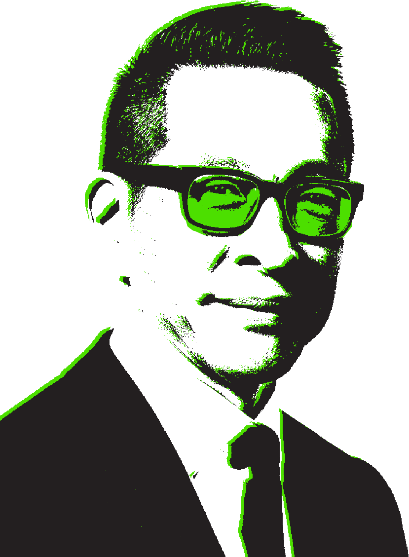 Stylized (in black, white, and green) headshot of Tracy Wong, the author of the book Creative Democracy.