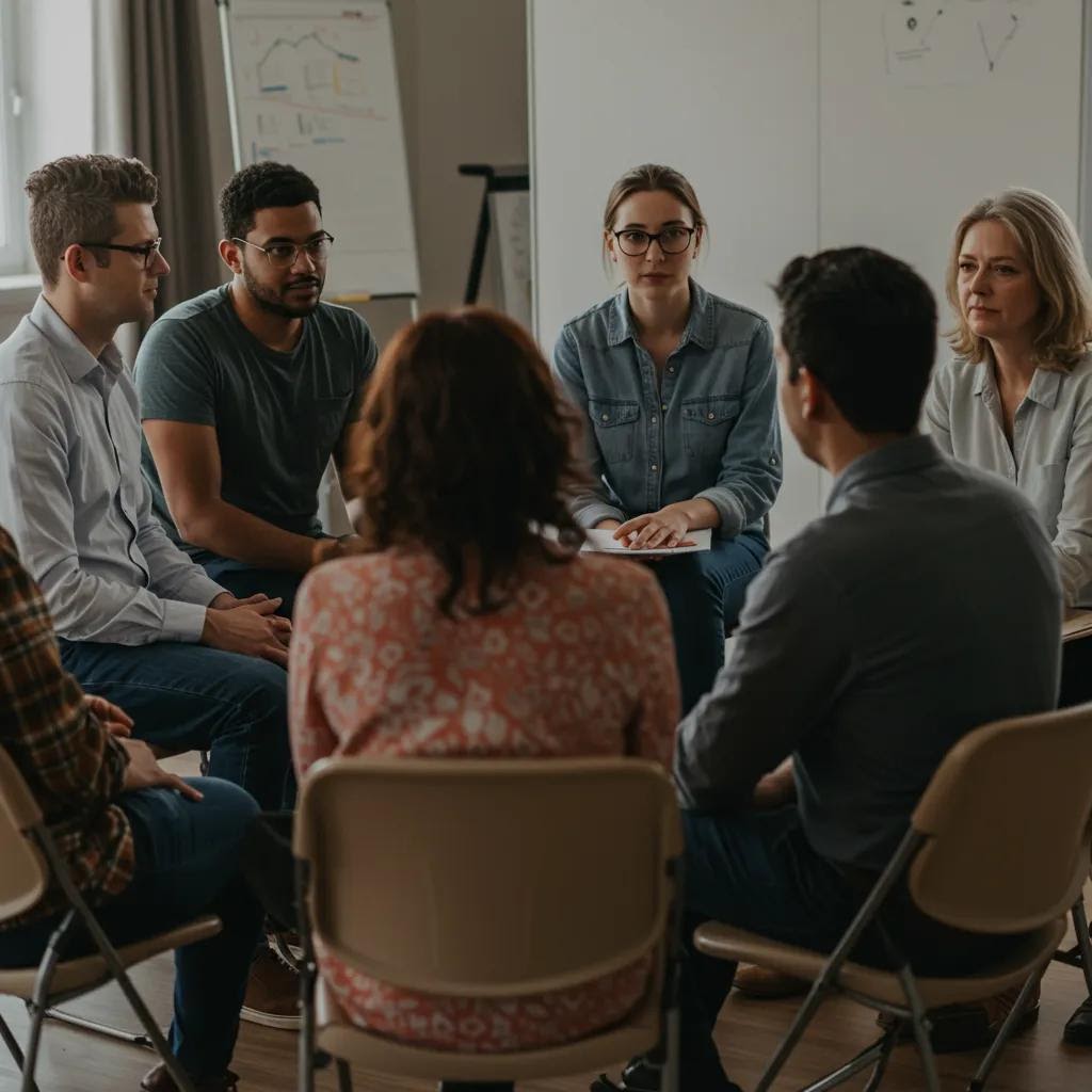 Group therapy session for alcohol addiction with participants sharing and supporting each other