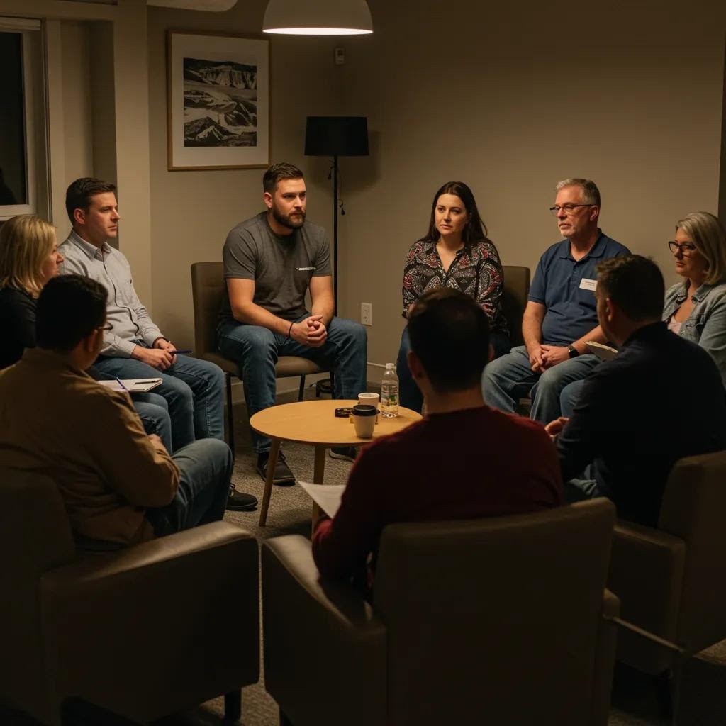 Group therapy session in a welcoming treatment center for addiction recovery