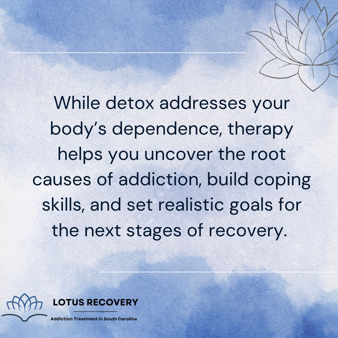 Text graphic from Lotus Recovery describing how detox helps address physical dependence while therapy uncovers root causes of addiction and builds coping skills for long-term recovery