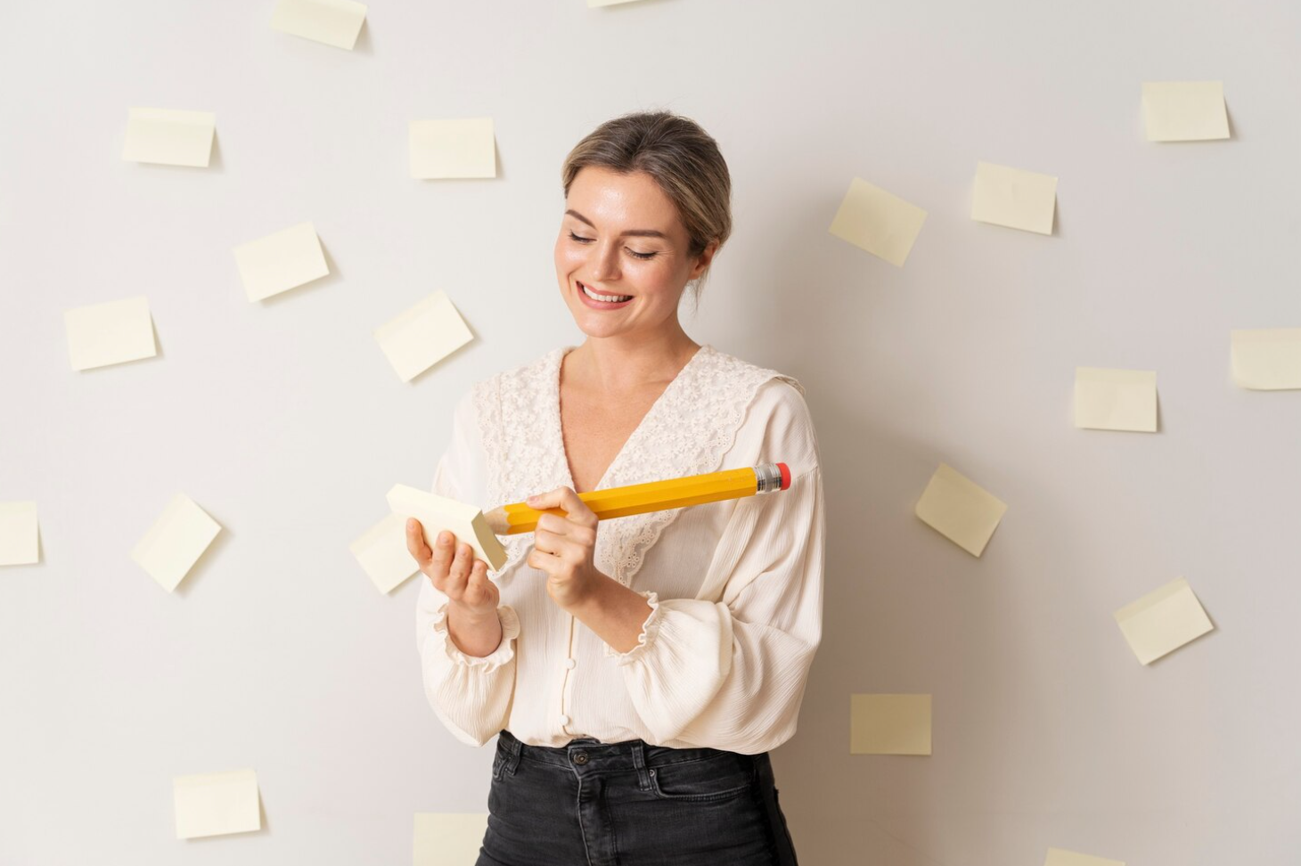 A smiling woman holding a huge pen and writing post-treatment goals on a sticky note