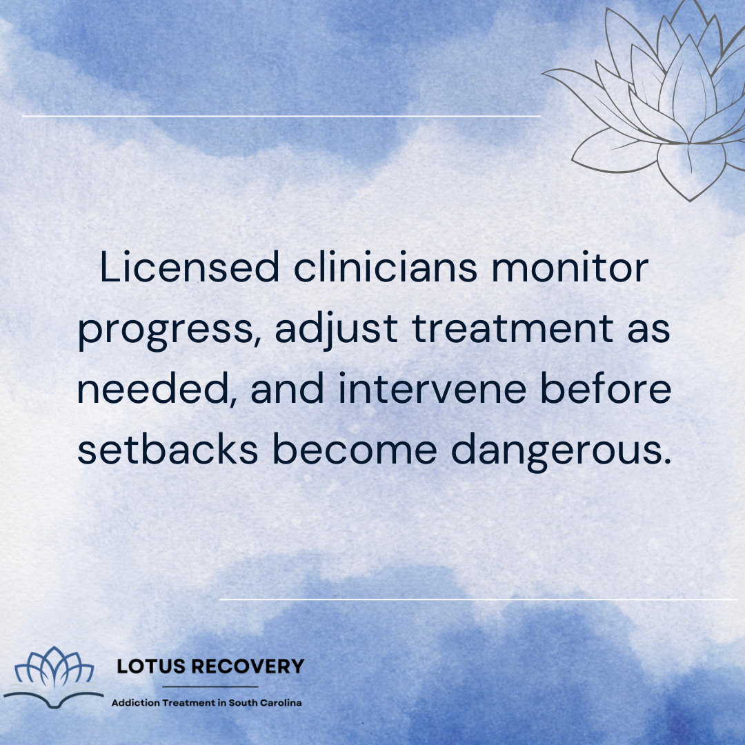 A graphic image stating the roles of licensed clinicians in monitoring progress in professional addiction treatment