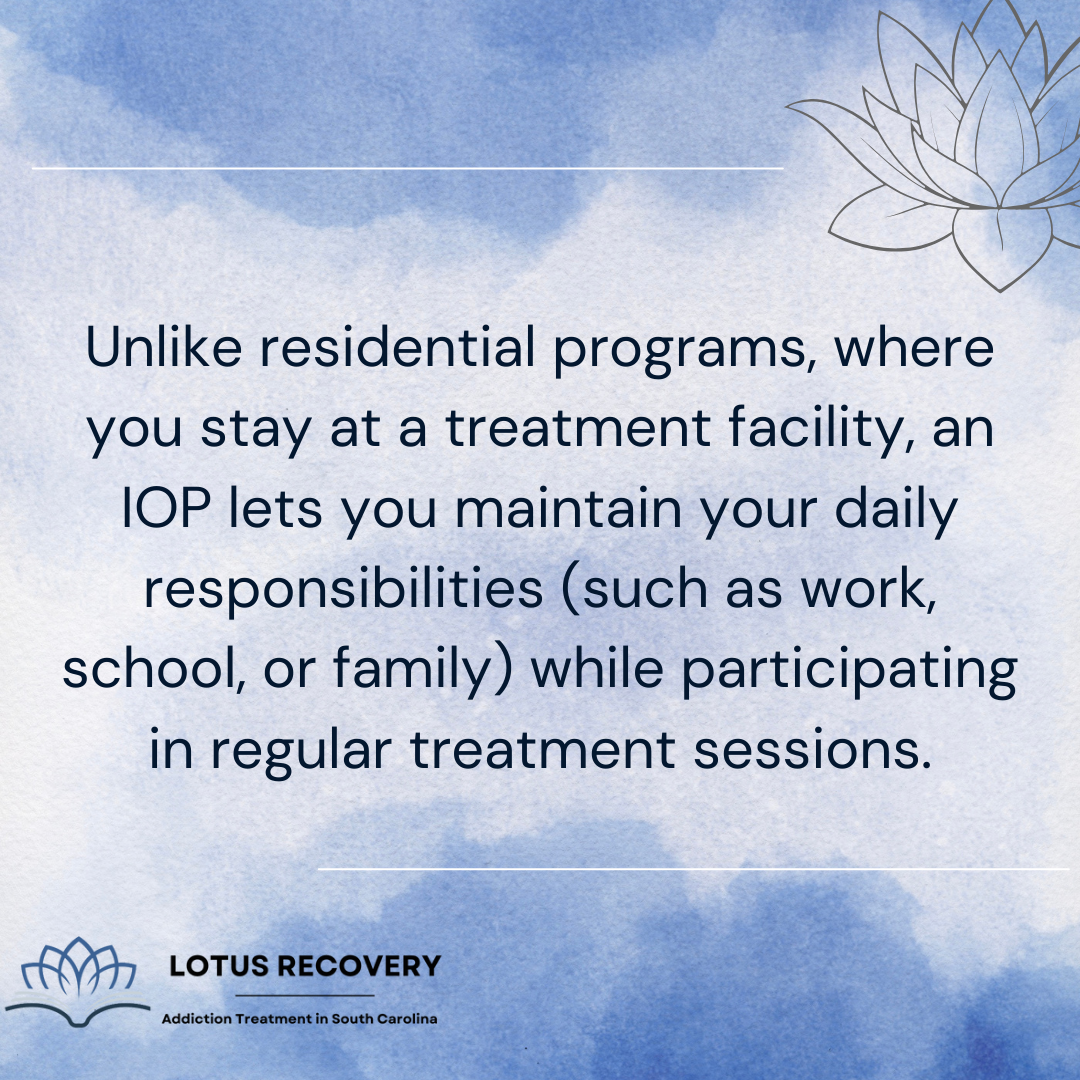 A graphic image explaining how an intensive outpatient program in South Carolina allow individuals to maintain work, school, and family responsibilities while attending treatment sessions