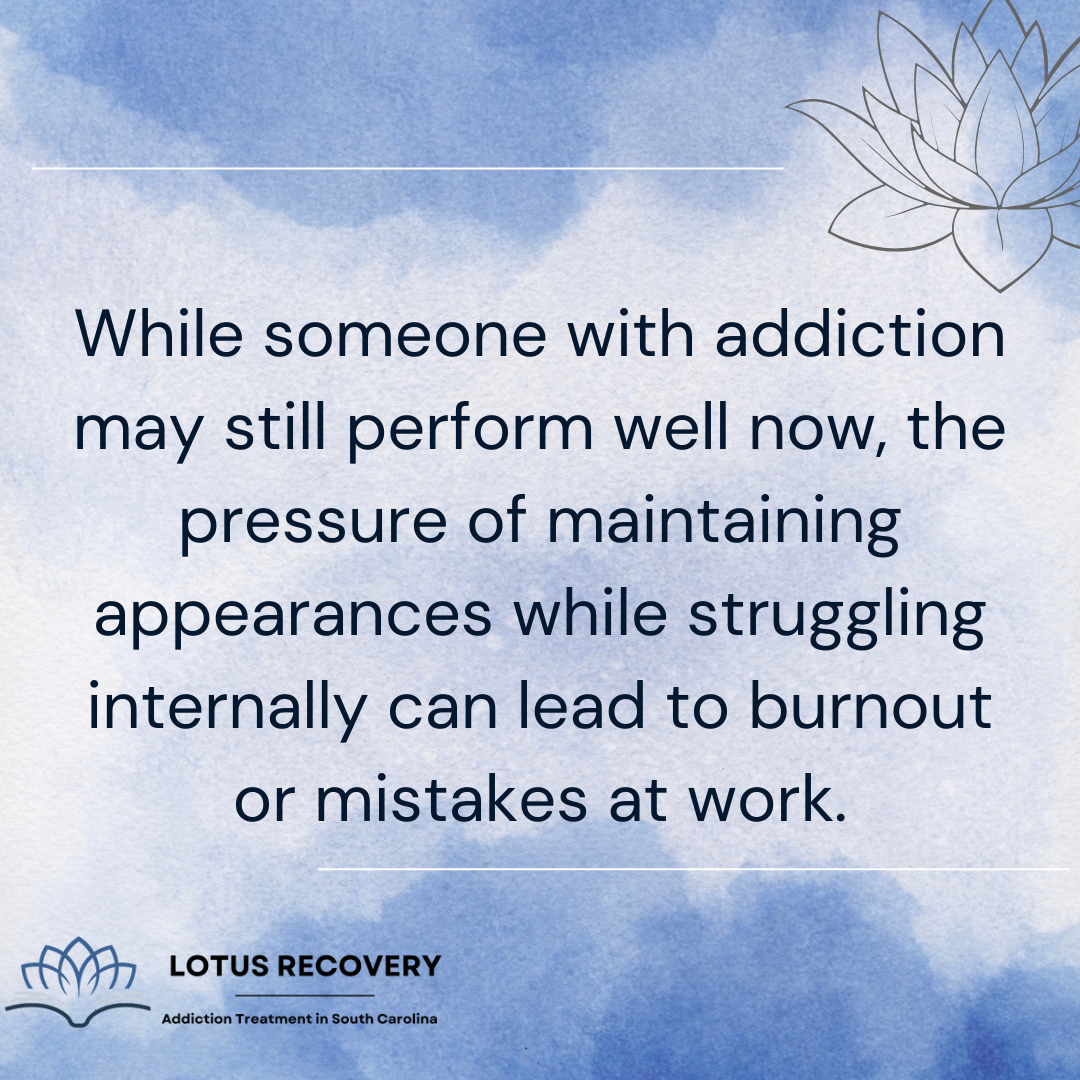 A graphic image about how someone with hidden substance use problem may perform well at work but may struggle internally and experience burnout