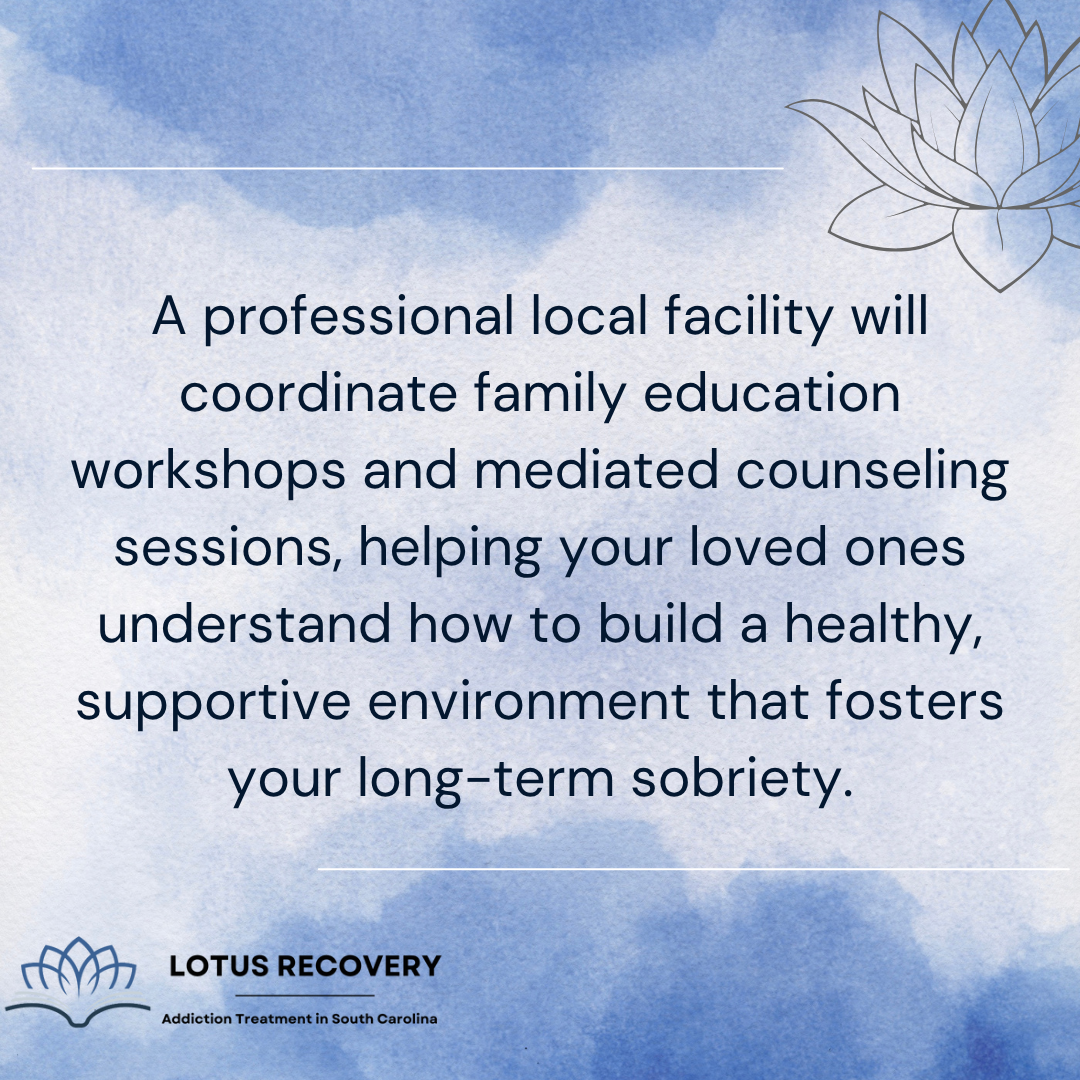 Alt text: Graphic from a South Carolina drug addiction treatment clinic highlighting family education, counseling, and long-term recovery support