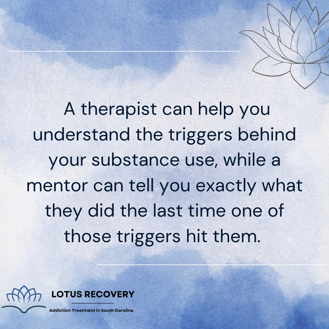 Graphic illustrating how mentors and therapists play different but complementary roles in professional addiction treatment in South Carolina, combining clinical guidance with lived experience support