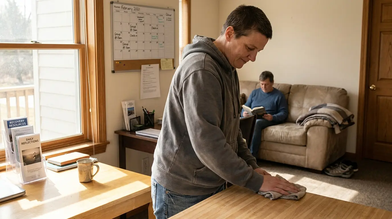 Outpatient rehab participant practicing daily living skills by cleaning a kitchen while another client relaxes in a sober living environment