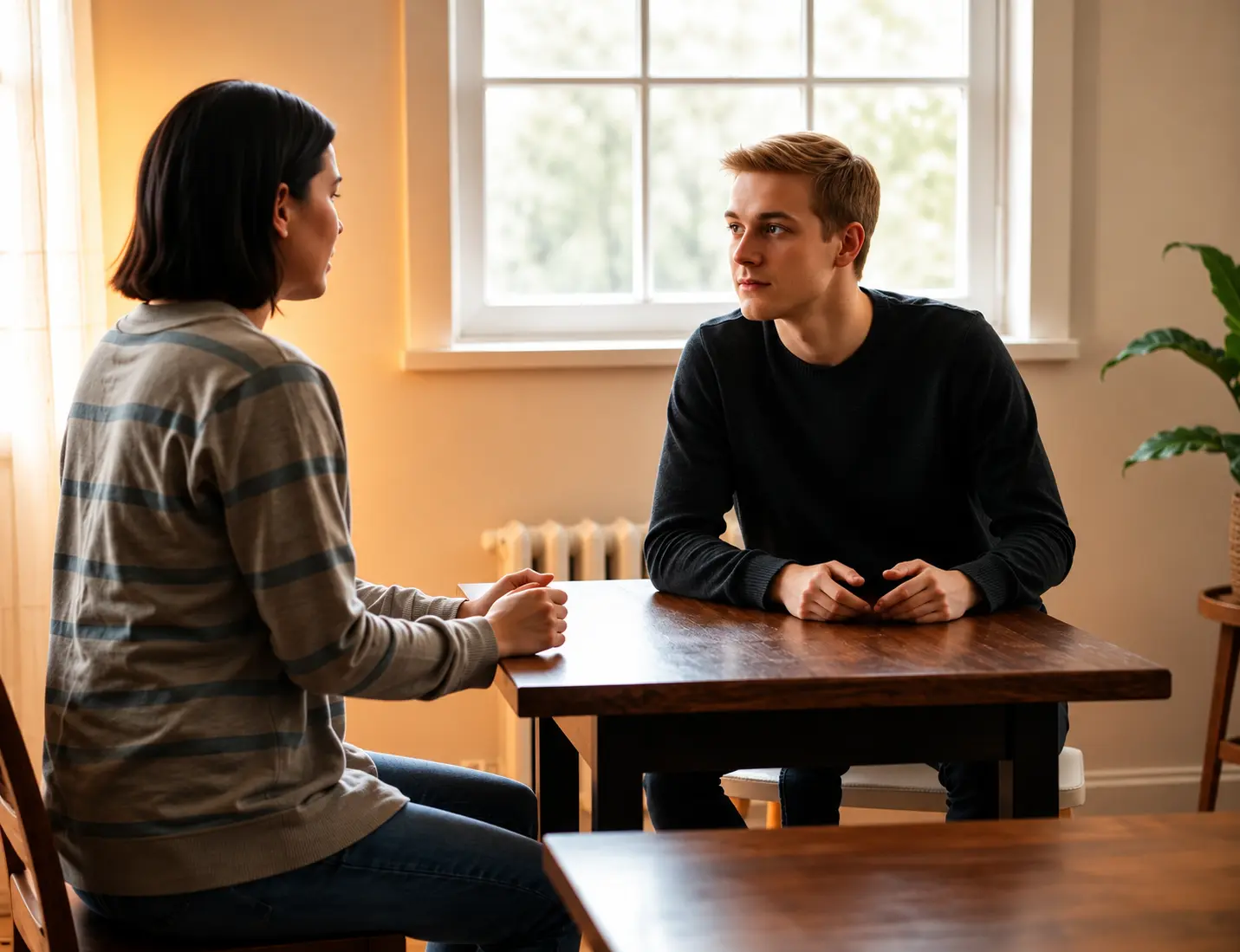 Two people seated across from each other at a wooden table near a window, in quiet conversation