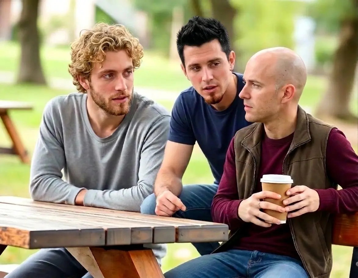 Three people in conversation at an outdoor picnic table, one holding a coffee cup