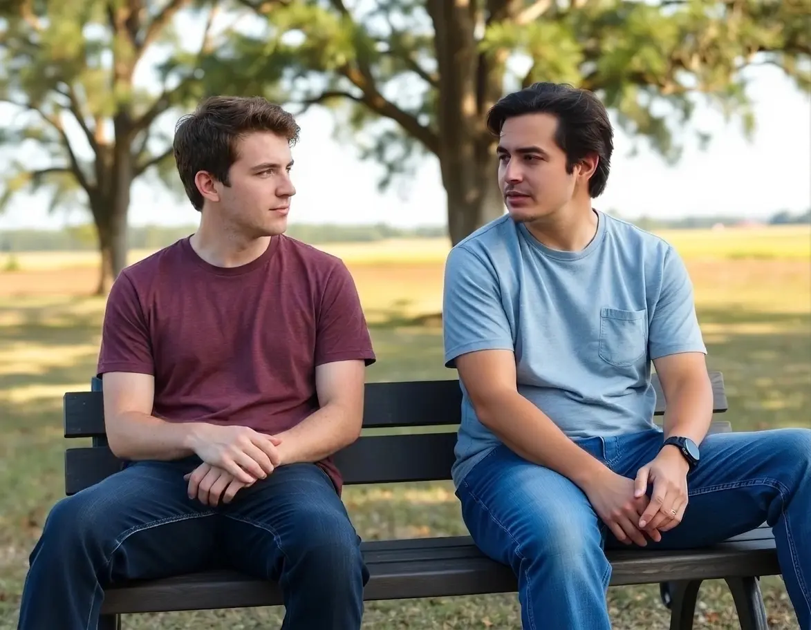 Two people seated outdoors on a bench, one listening attentively while the other speaks