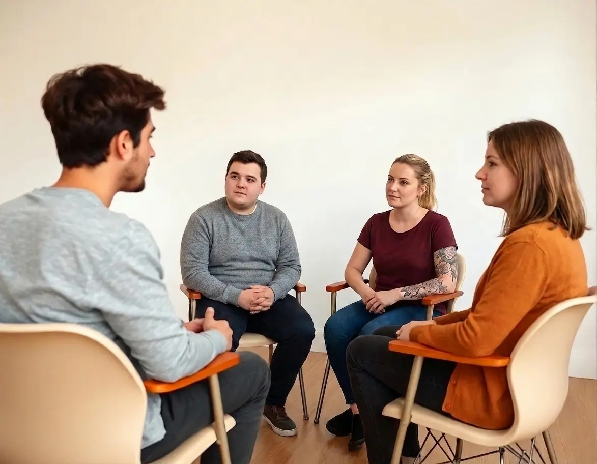 Small group seated in a loose circle of chairs, engaged in open conversation