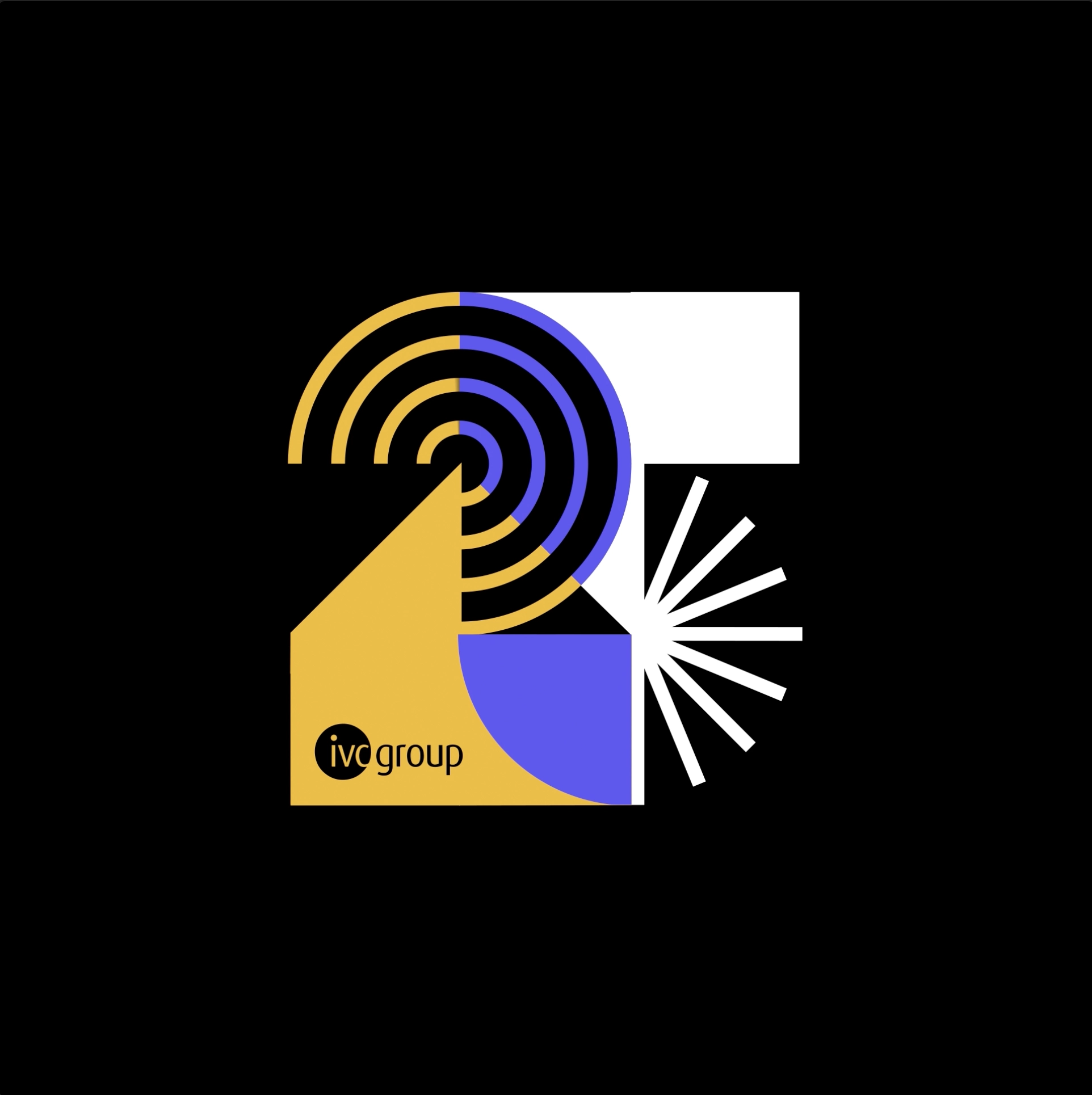 Abstract geometric design with concentric circles, sunburst lines, and shapes in gold, blue, white, and black with 'ivc group' text.