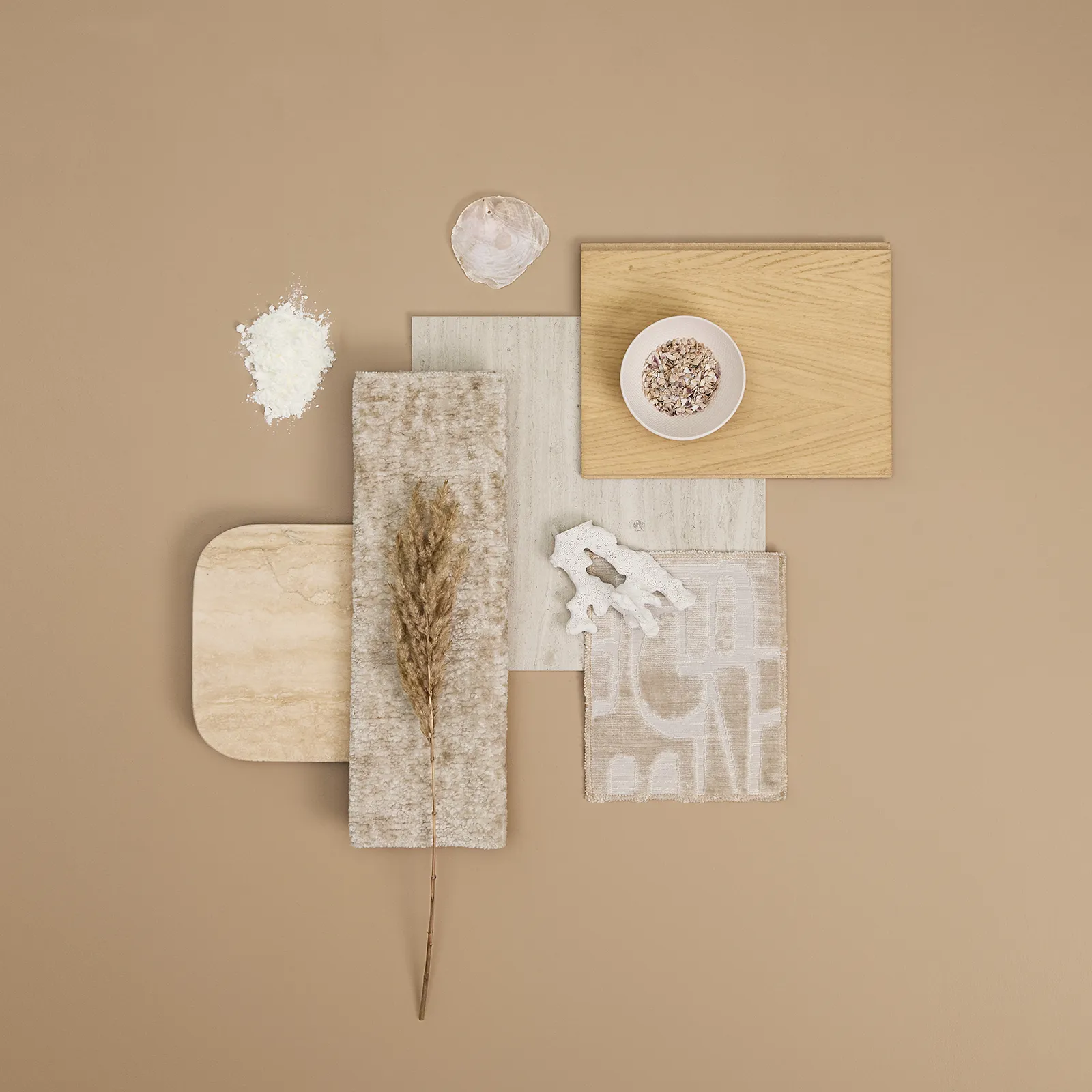 Flat lay of natural materials including wood, textured fabric, a dried plant stem, white coral, sea shells, and a dish with small shells on a beige background.