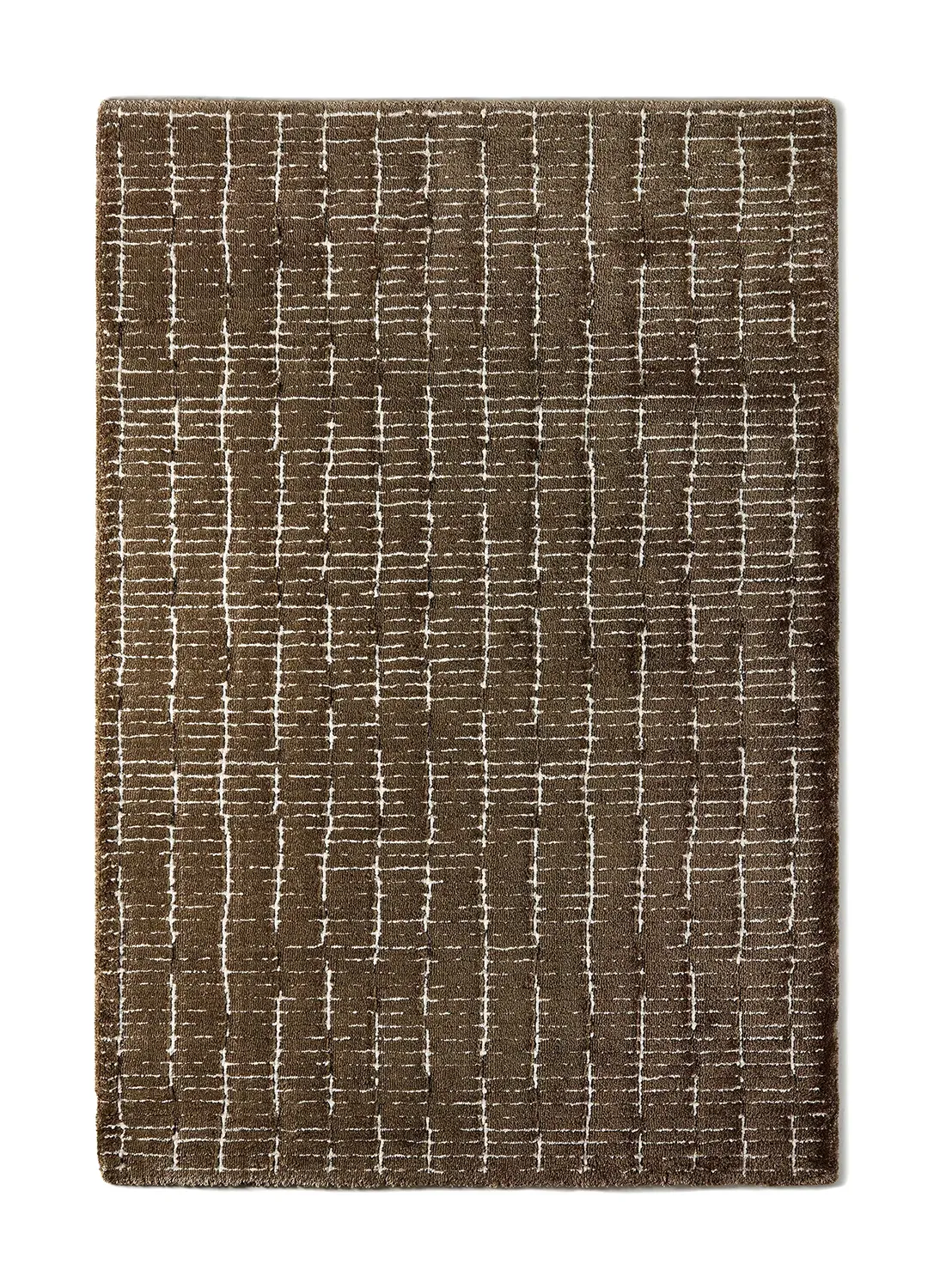 Rectangular brown rug with an abstract linear pattern of irregular white dashed lines creating a grid-like design across the surface.