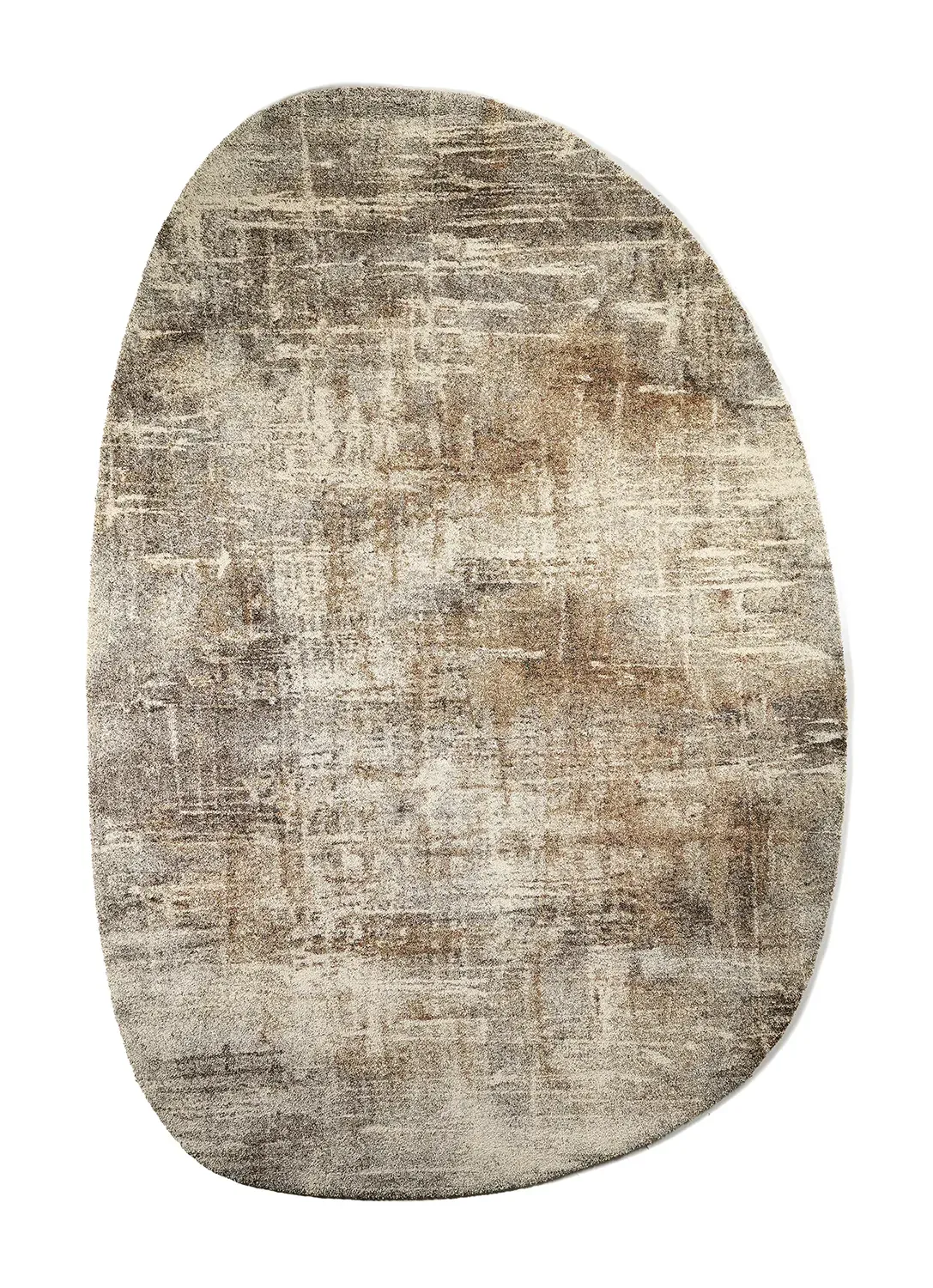 Oval-shaped area rug with a distressed abstract pattern in shades of beige, brown, and gray.