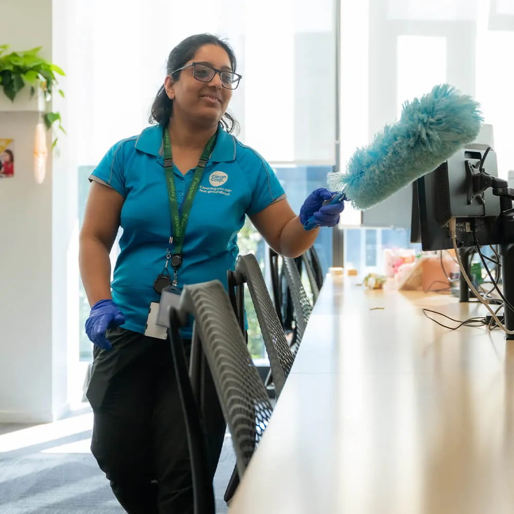 clean corp staff cleaning decorations