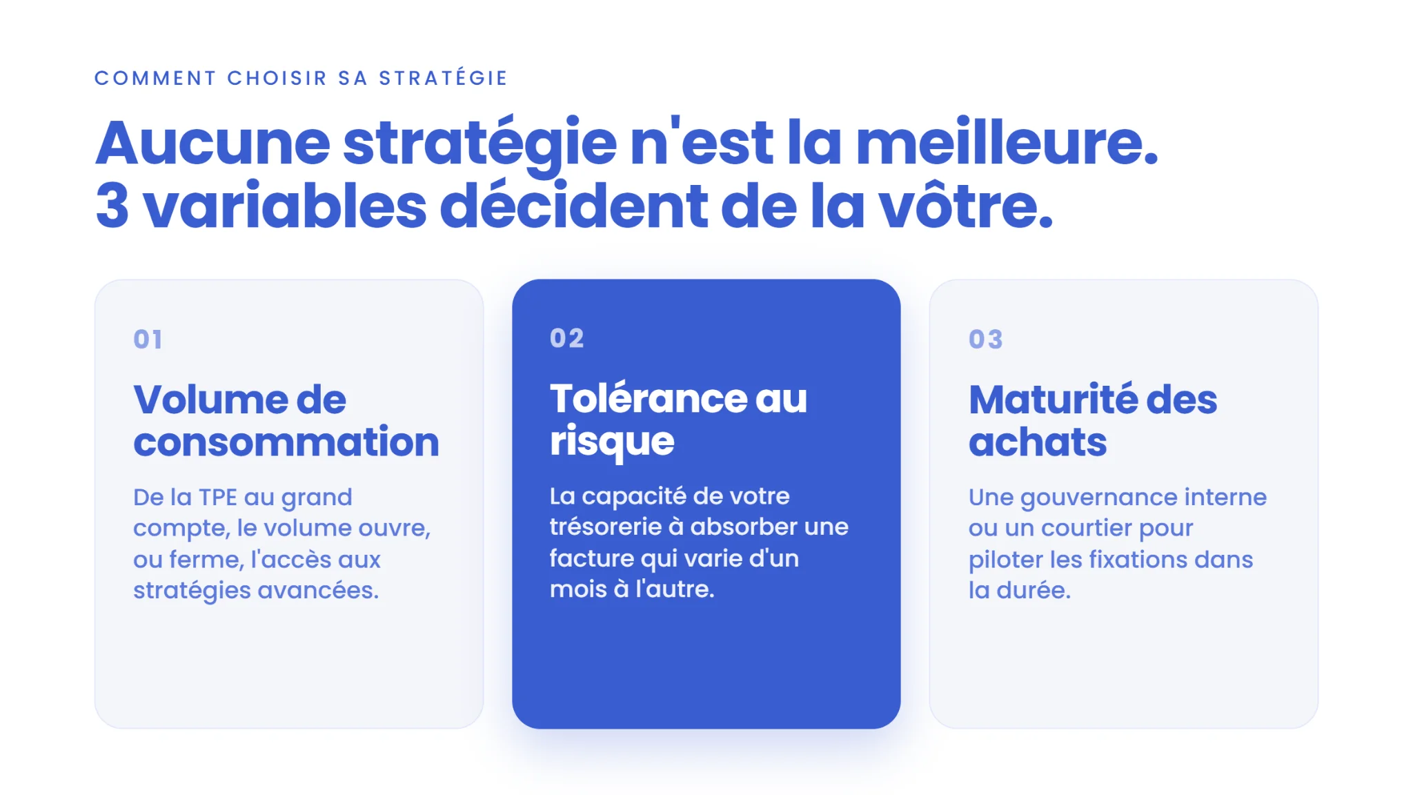 Trois variables guident la stratégie d’achat : volume, risque et maturité des achats.